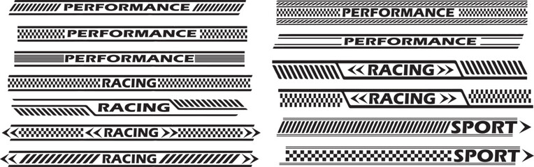 racing stripe vector set, race car vector, checkered flag designs, racing stripe speed, decal patterns, dynamic lines, competition, automotive graphics, black and white finish line motorsport. V7