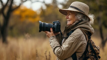 Obraz premium A woman wearing a straw hat and a brown jacket is holding a camera. She is smiling and she is enjoying her time taking pictures