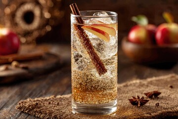 A refreshing spiced apple drink with cinnamon and ice on a rustic table.