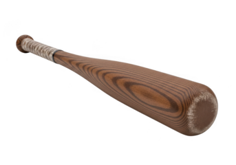 A classic wooden baseball bat with a textured grip handle and dark wood grain, isolated on a clean white background.