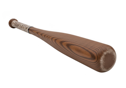 A classic wooden baseball bat with a textured grip handle and dark wood grain, isolated on a clean white background.