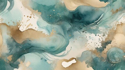 Fototapeta premium Elegant abstract background with flowing teal and sand-colored ink washes creating a serene, marbled effect.