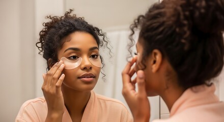 Young Woman Applying Under Eye Patches for Skincare Routine in Bathroom Mirror Reflecting Self Care Beauty Treatment