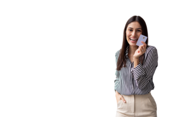Excited businesswoman showing credit card, enjoying cashless payment and financial freedom, isolated on transparent background
