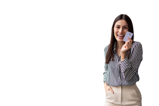 Excited businesswoman showing credit card, enjoying cashless payment and financial freedom, isolated on transparent background - Powered by Adobe