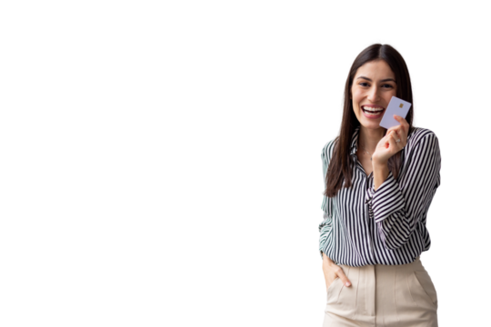Excited businesswoman showing credit card, enjoying cashless payment and financial freedom, isolated on transparent background