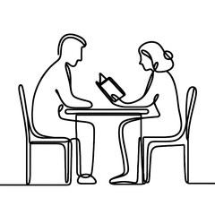 Two people discussing something across table