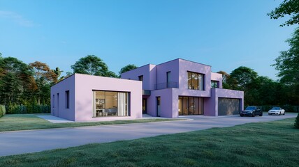 Modern house with cars and green lawn in daytime sky