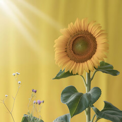 Sunflower with yellow petals on blue and green backgrounds showing bright summer flowers and nature