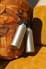 realistic outdoor product mockup scene featuring two matte aluminum water bottles clipped to the side of an orange hiking backpack