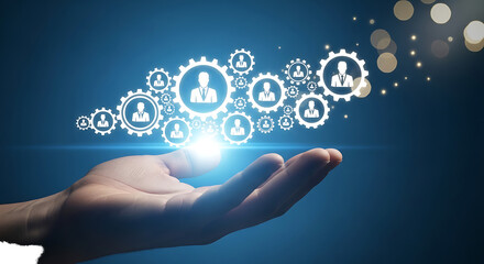 Hand holding connected gears with people icons isolated on a transparent background