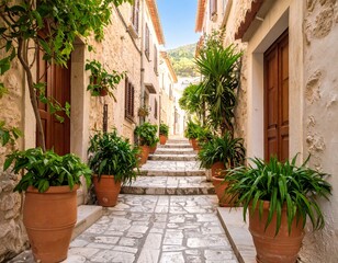 Naklejka premium Charming Mediterranean Alley with Stone Steps and Terracotta Potted Plants