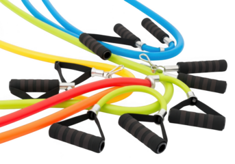 Colorful exercise resistance bands with handles isolated on transparent background