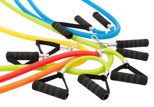 Colorful exercise resistance bands with handles isolated on transparent background