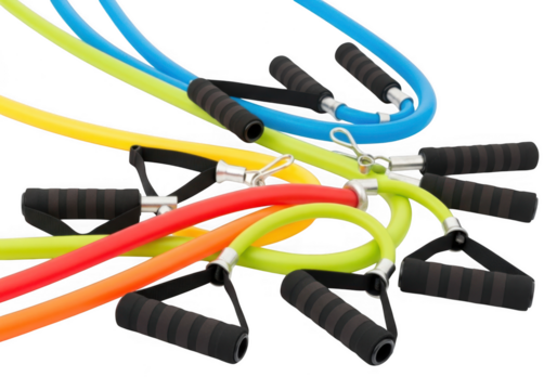 Colorful exercise resistance bands with handles isolated on transparent background