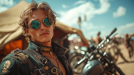 Young man in retro futuristic steampunk outfit in green and purple black colors against sand colored tent and fantasy bicycles at Burning Man music festival, masquerade, performance, show