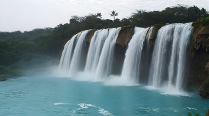 Fototapeta premium Powerful Waterfall Cascading Into Turquoise Pool In Lush Tropical Forest
