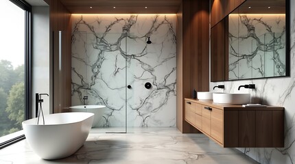Luxurious modern bathroom with freestanding bathtub and marble accent wall