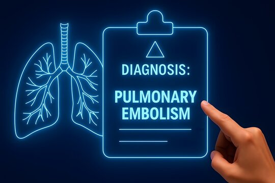digital glowing medical illustration of pulmonary embolism diagnosis with human lungs and clipboard. ideal for ICU, respiratory education, emergency care visuals, thromboembolism awareness