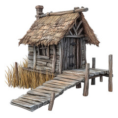 traditional medieval wooden fisher house isolated on transparent background