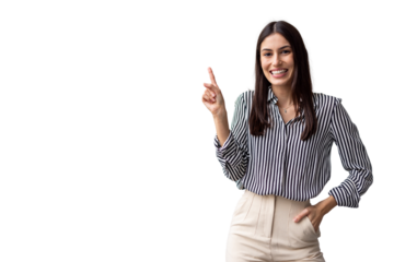 Professional businesswoman gesturing upward, signaling innovative concept with confident smile against transparent backdrop