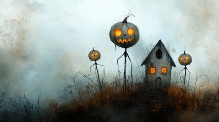 Moonlit haunted house with eerie shadows and glowing jack-o'-lanterns on the porch. Unique Halloween card with space for a festive message.