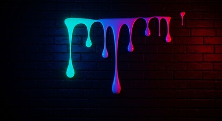 Glowing Neon Liquid Drips Bright Multicolor Paint on Wet Black Bricks with Dramatic Urban Lighting