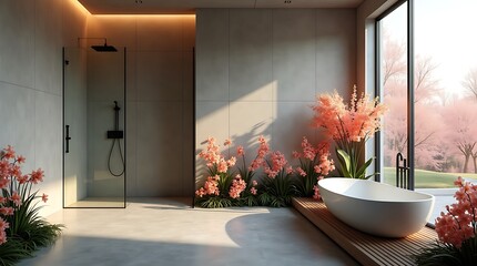 Luxurious modern bathroom with freestanding bathtub and blooming cherry blossoms outside large window