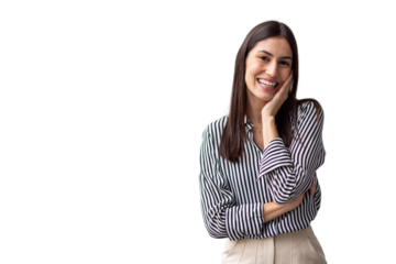Professional businesswoman placing hand on cheek, smiling confidently in studio portrait with clean transparent background