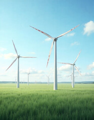 Wind Turbines on a Vast Green Meadow under Clear Blue Sky