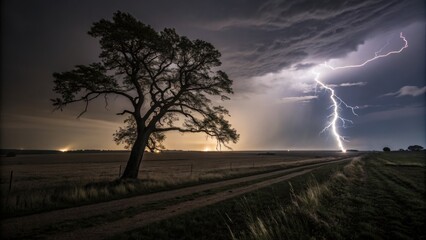 Dramatic lightning strikes over a vast field with a solitary tree and dirt road at dusk