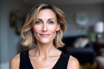 Elegant middle aged woman with blonde hair smiling confidently in a black top