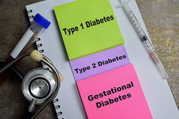 Concept of Type 1 and Type 2 diabetes, gestational diabetes write on sticky notes isolated on Wooden Table. healthcare and pharmaceutical concept