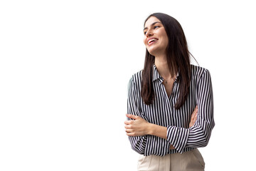 Professional businesswoman smiling confidently, standing with crossed arms in studio setting against transparent background