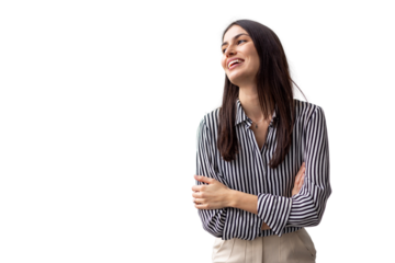 Professional businesswoman smiling confidently, standing with crossed arms in studio setting against transparent background