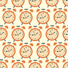 Seamless pattern with vintage alarm clocks in flat design. Perfect for back to school projects and educational themes. Hand drawn vector illustration.