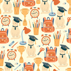 Seamless pattern with cute cats in graduation caps, school supplies, trophies, and backpacks. Perfect for back to school designs and children&rsquo;s stationery