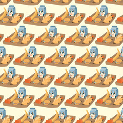 Seamless pattern with school lunch trays featuring milk, bananas, and snacks. Great for back to school projects, cafeteria designs and kids meal illustrations