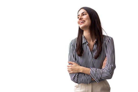 Professional businesswoman smiling confidently, standing with crossed arms in studio setting against transparent background