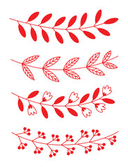 Red floral branches and berries decorative elements leaves