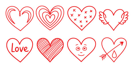 Red hearts collection with various designs and symbols love graphic