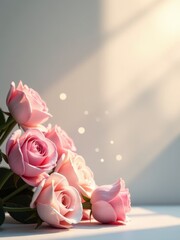 A delicate bouquet of pink roses bathed in warm sunlight, evoking romance and serenity. funeral
