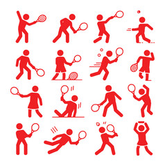 Red tennis players in various action poses sport