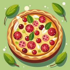 Fototapeta premium Pizza with assorted toppings displayed overhead on a light green background. Overhead view of a pizza with pepperoni. cranberries. basil. and onions.