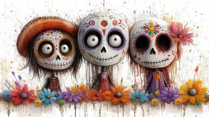 Family gathering to honor ancestors with colorful flowers and sugar skulls on a radiant altar for Día de Muertos.