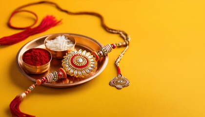 Raksha Bandhan Puja Thali and Rakhi Displayed on Bright Yellow Background