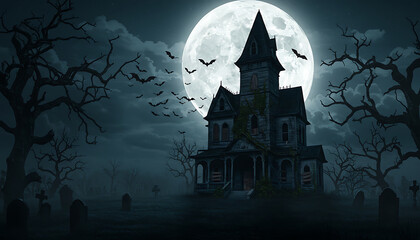 Spooky Haunted House Under a Full Moon with Bats Flying