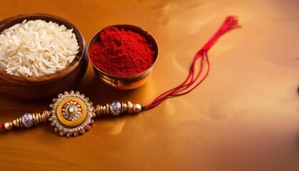 Raksha Bandhan Background Featuring Elegant Rakhi, Rice Grains, and Kumkum