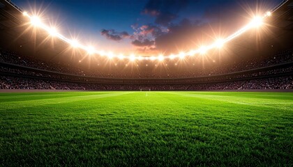 Empty Football Stadium under Bright Stadium Lights at Night with Lush Green Grass Sports Scene