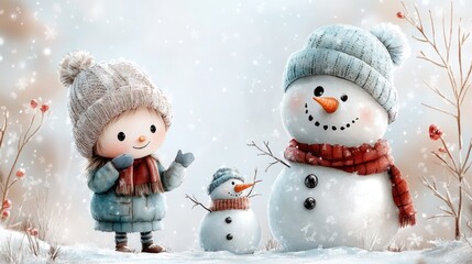 Bright snowy setting with children surrounded by trees while shaping a snowman.